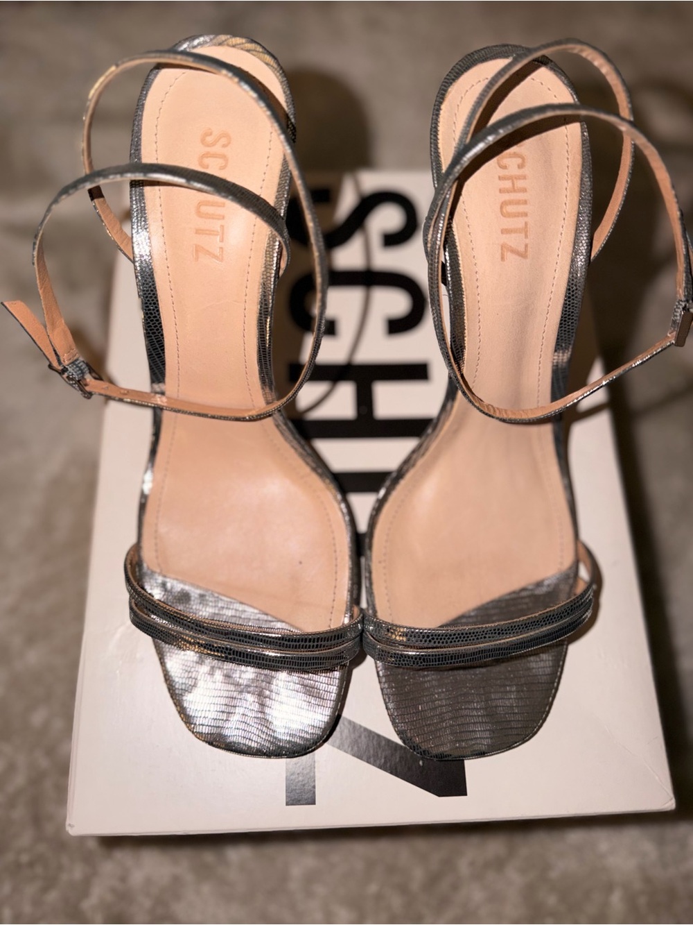 SCHUTZ Silver Metallic Strappy High-Heel Sandals